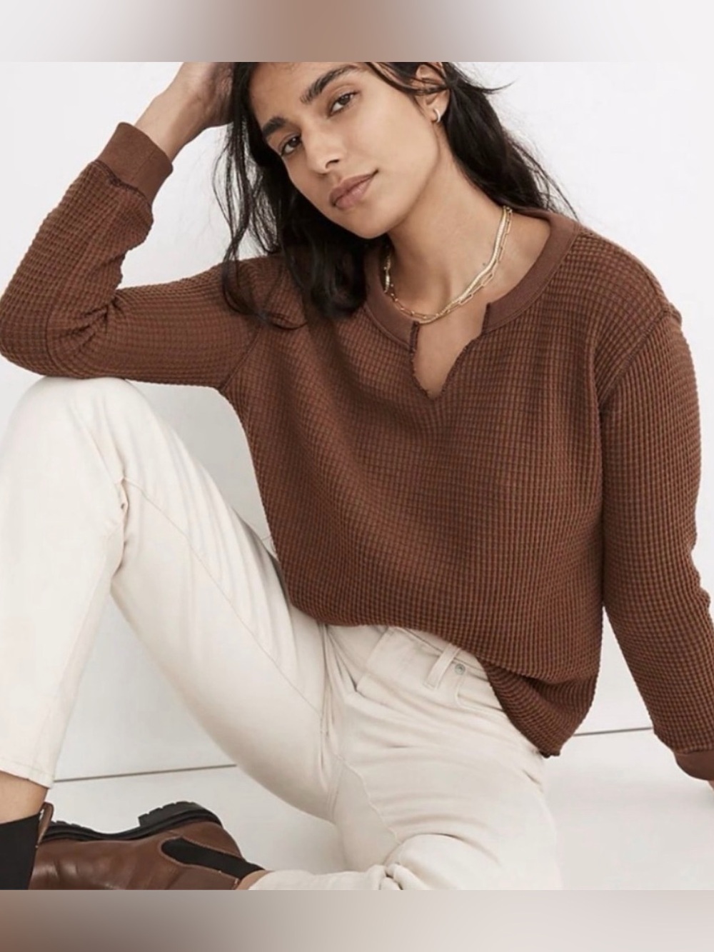 Madewell Brown Waffle Knit Notch Neck Long Sleeve Shirt Size Medium